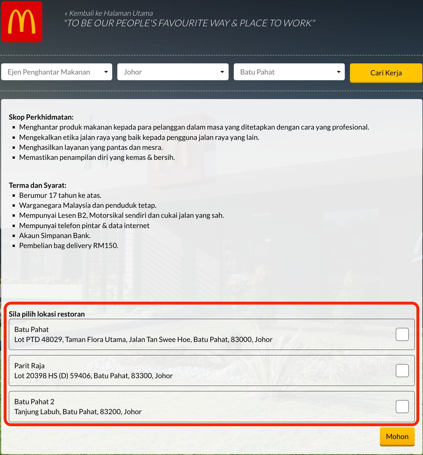 Cara mohon kerja rider McD
